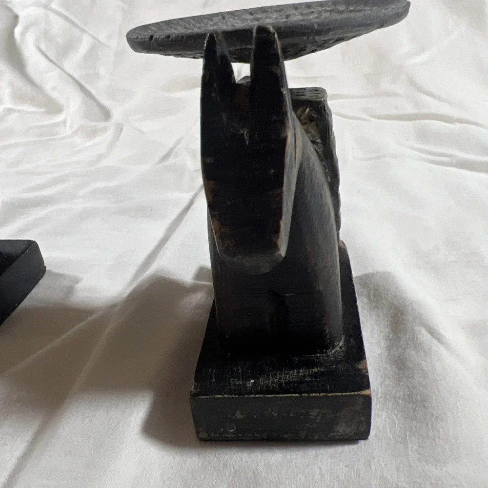 Vintage Carved‎ Wood Horse & Elephant Candle Holders Set Brass Accents Folk Art